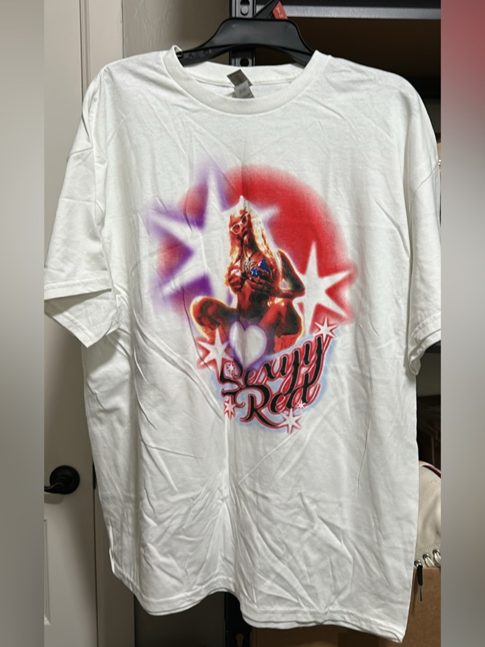 Gildan White Short-Sleeve Tee with Red & Purple Graphic sexyy red